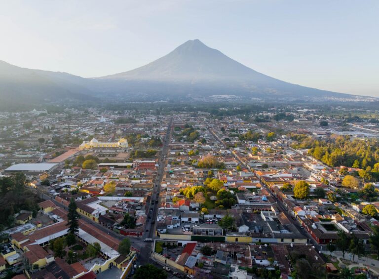 Aerial Panorama of Antigua, Guatemala with Volcan de Agua in background.