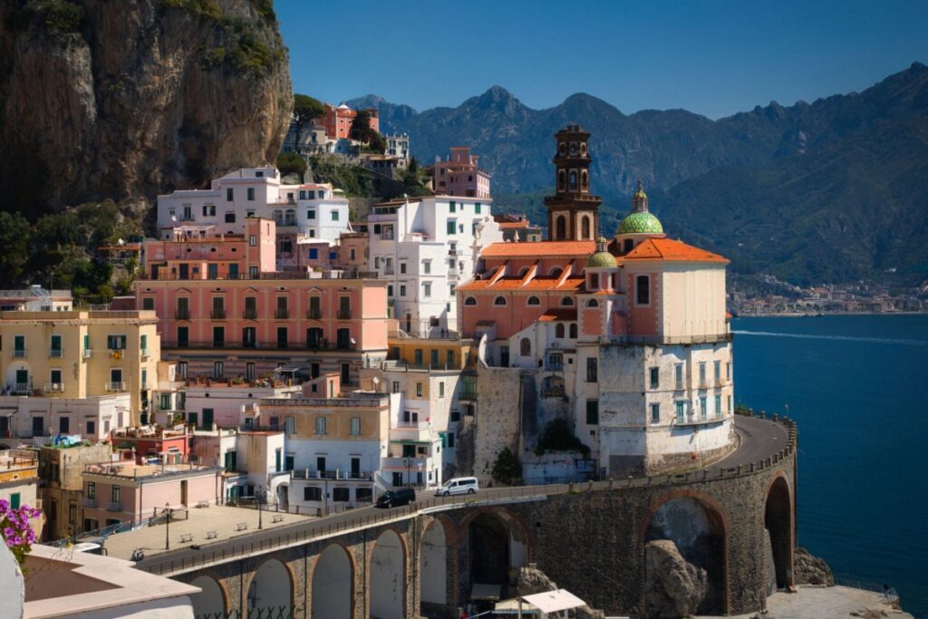Amalfi coast with beautiful views on the city and harbor of Amalfi.