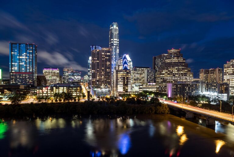 The downtown skyline of Austin, Texas captured at night.