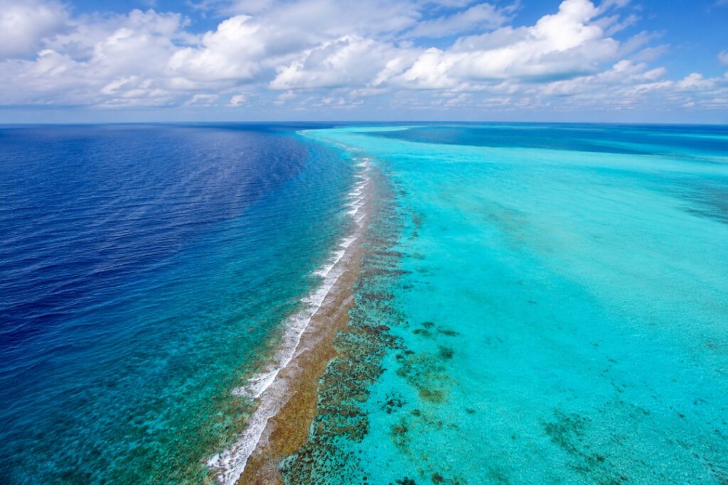 Aerial view of the natural divide at the Belize Barrier Reef.