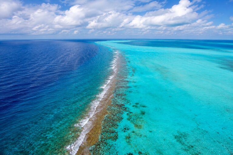 Aerial view of the natural divide at the Belize Barrier Reef.