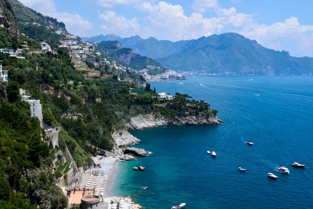 Cliffside Towns above sea, Amalfi Coast, Campania, Italy.