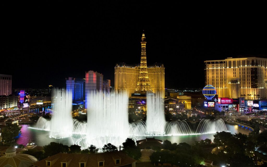 The Fountains of Bellagio at night, a famous attraction located on the Las Vegas Strip in Nevada.