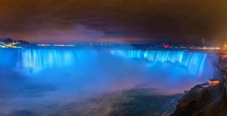 Nighttime view of the Horseshoe Falls, also known as the Canadian Falls, part of Niagara Falls.