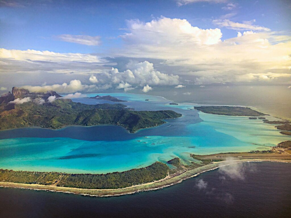 Aerial view of Mount Otemanu and Bora Bora.