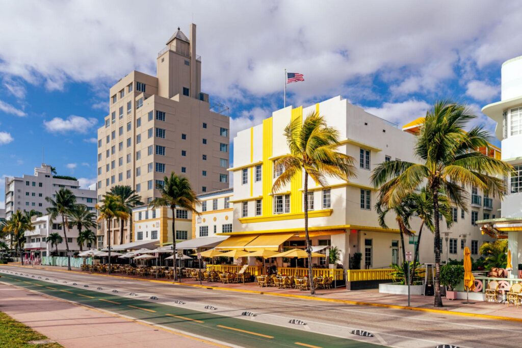 Colorful Art Deco hotels along Ocean Drive, South Beach, Miami.