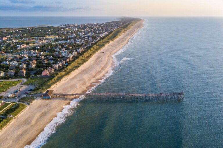 Aerial view of the Avon Fishing Pier located on Hatteras Island in the Outer Banks of North Carolina.