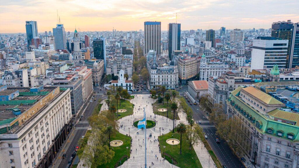 Aerial view of Plaza de Mayo in Buenos Aires, Argentina.