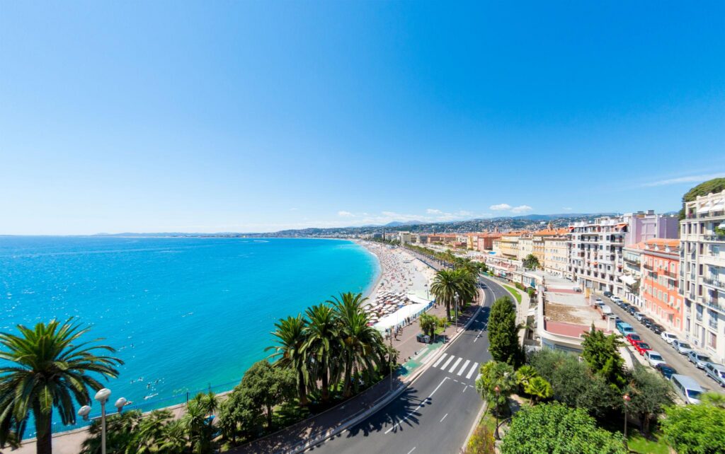 The Promenade des Anglais in Nice, France, known as the capital of the French Riviera.