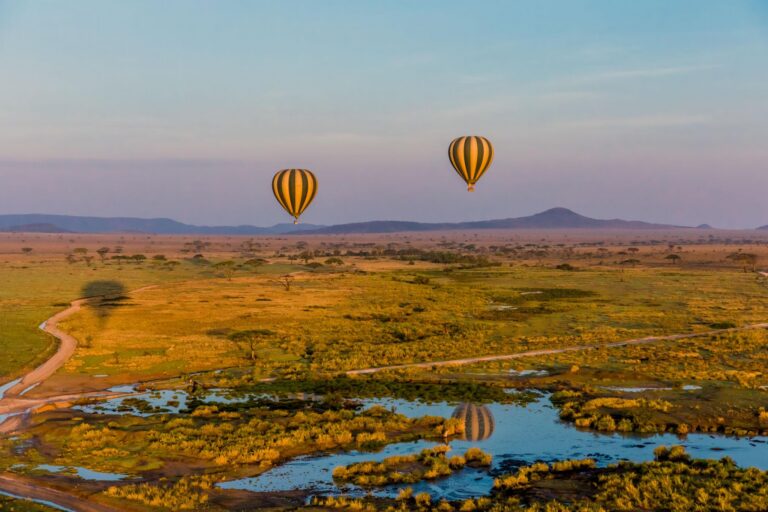 Hot air balloons floating above Serengeti National Park in Tanzania.