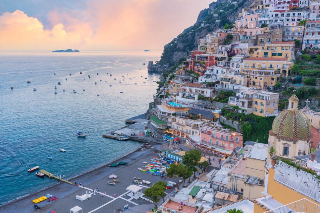 Sunset in Positano, Amalfi Coast, Salerno, Campania, Italy.