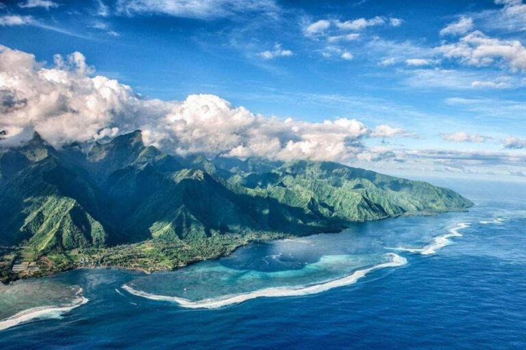 Aerial view of Teahupoo on the island of Tahiti in French Polynesia.