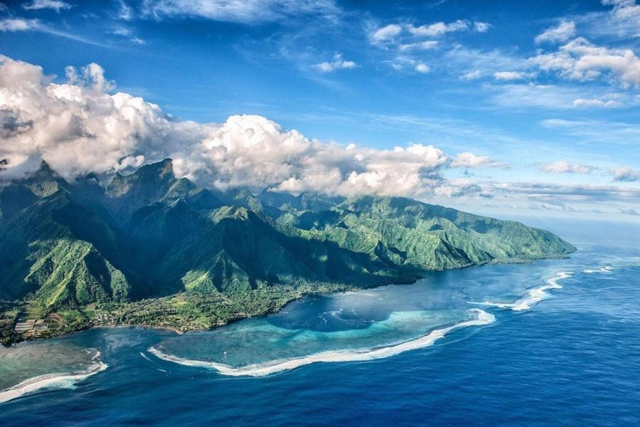 Aerial view of Teahupoo on the island of Tahiti in French Polynesia.