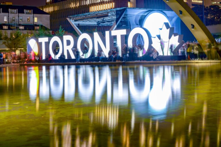 Toronto sign at City Hall and Nathan Phillips Square, Ontario, Canada.