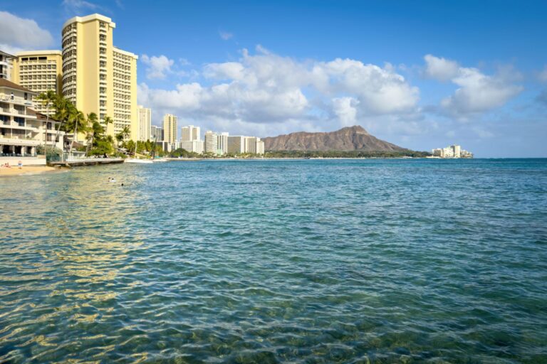 Waikiki Beach in Honolulu, Hawaii with an iconic view of Diamond Head Crater.