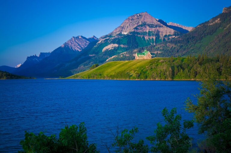 Prince of Wales Hotel, situated on a bluff overlooking Upper Waterton Lake in Waterton Lakes National Park, Alberta, Canada.