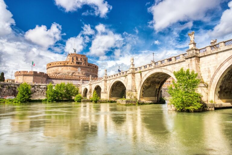 Castel Sant'Angelo in Rome is a historic fortress situated on the right bank of the Tiber River, now a national museum offering panoramic views of the city.