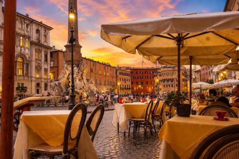 Piazza Navona in Rome is known for its nightlife, restaurants, and surrounding historic palaces.]