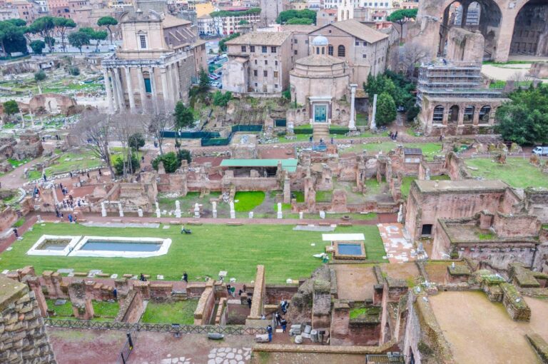 The ruins of the House of the Vestals located within the Roman Forum in Rome, Italy.