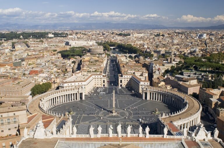 An aerial view of St. Peter's Square, or Piazza San Pietro, in Vatican City.