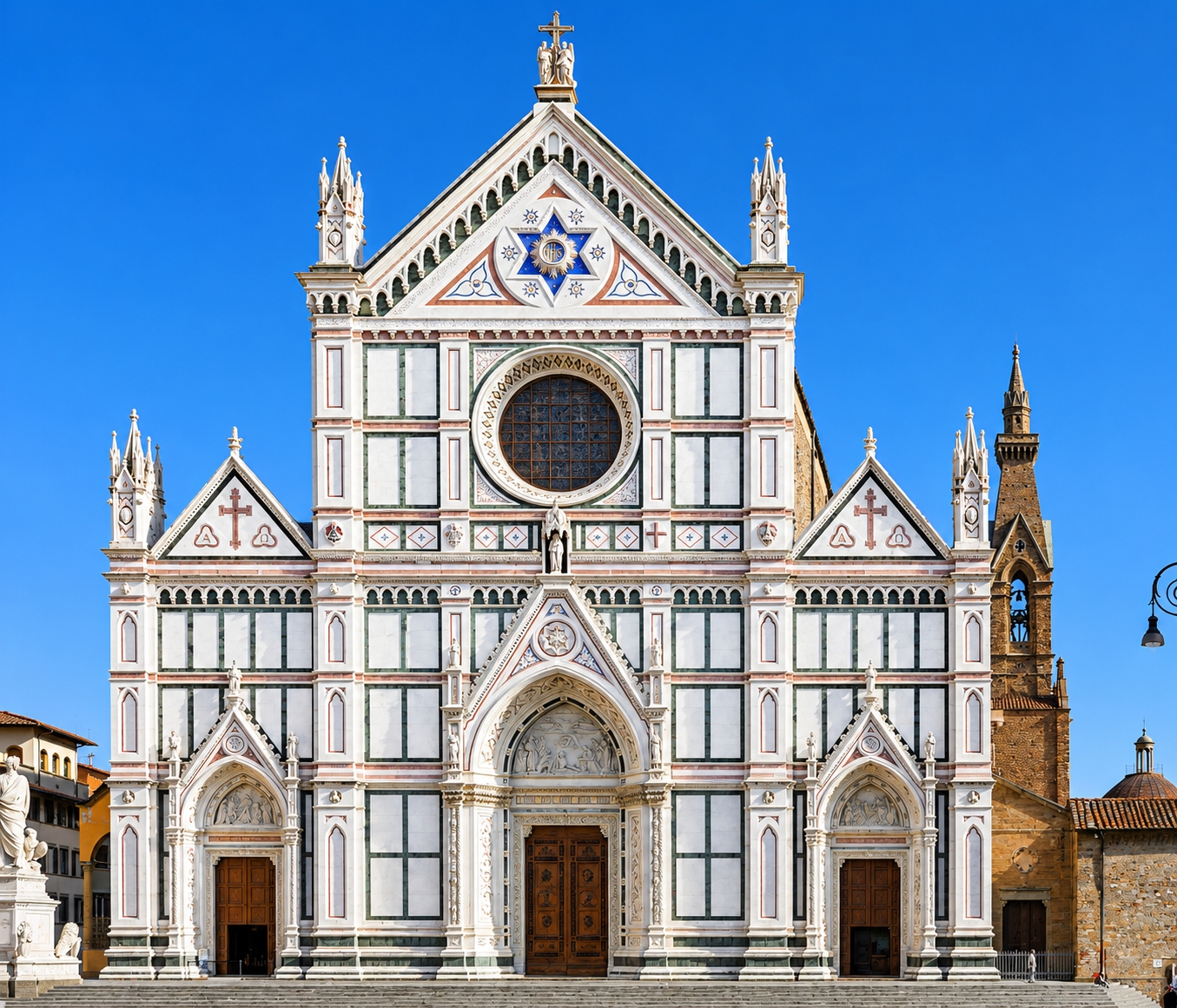 The Basilica di Santa Croce, known as the Temple of the Italian Glories, in Florence, Italy is the burial place of notable figures like Michelangelo, Galileo, and Machiavelli.