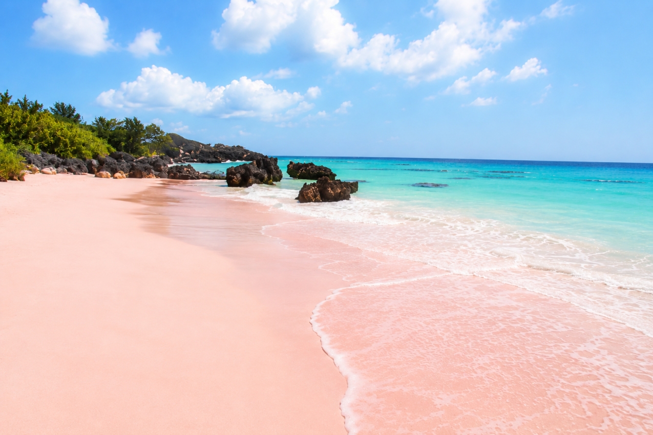 The famous pink sand beaches of Bermuda is caused by the crushed shells of a tiny marine creature called foraminifera, mixed with white coral sand.