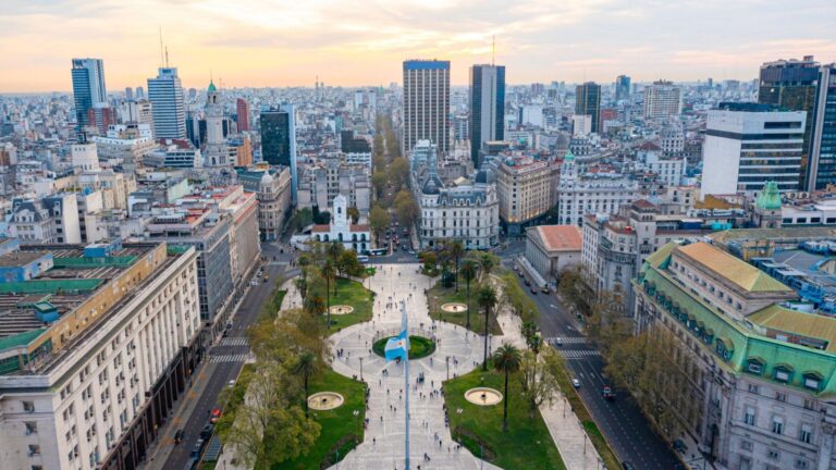 Aerial view of Plaza de Mayo in Buenos Aires, Argentina.
