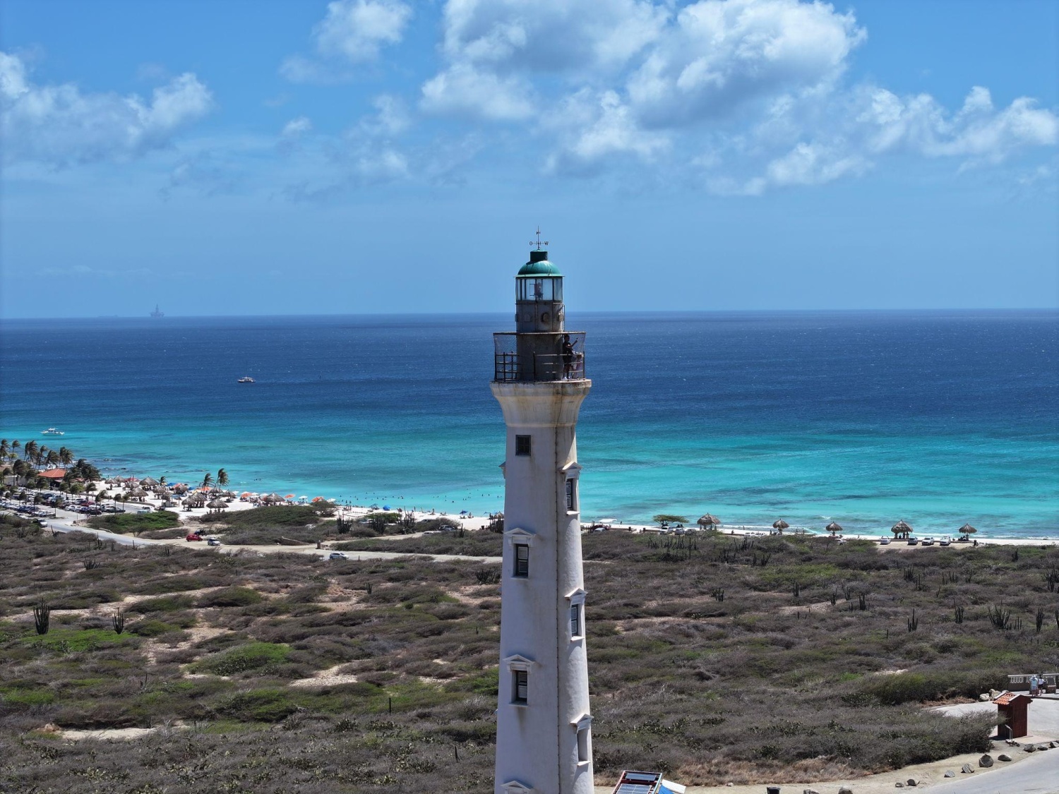 The California Lighthouse in Aruba is a historic landmark built near Arashi Beach to guide ships safely past the island's coastline.