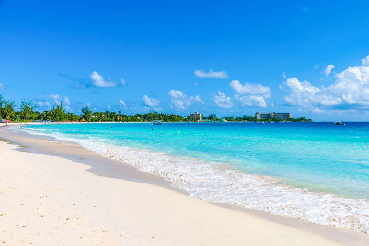 Carlisle Bay in Barbados is a popular Caribbean destination known for its turquoise water and white sandy beaches featuring six different shipwrecks, making it a hotspot for snorkeling and diving.