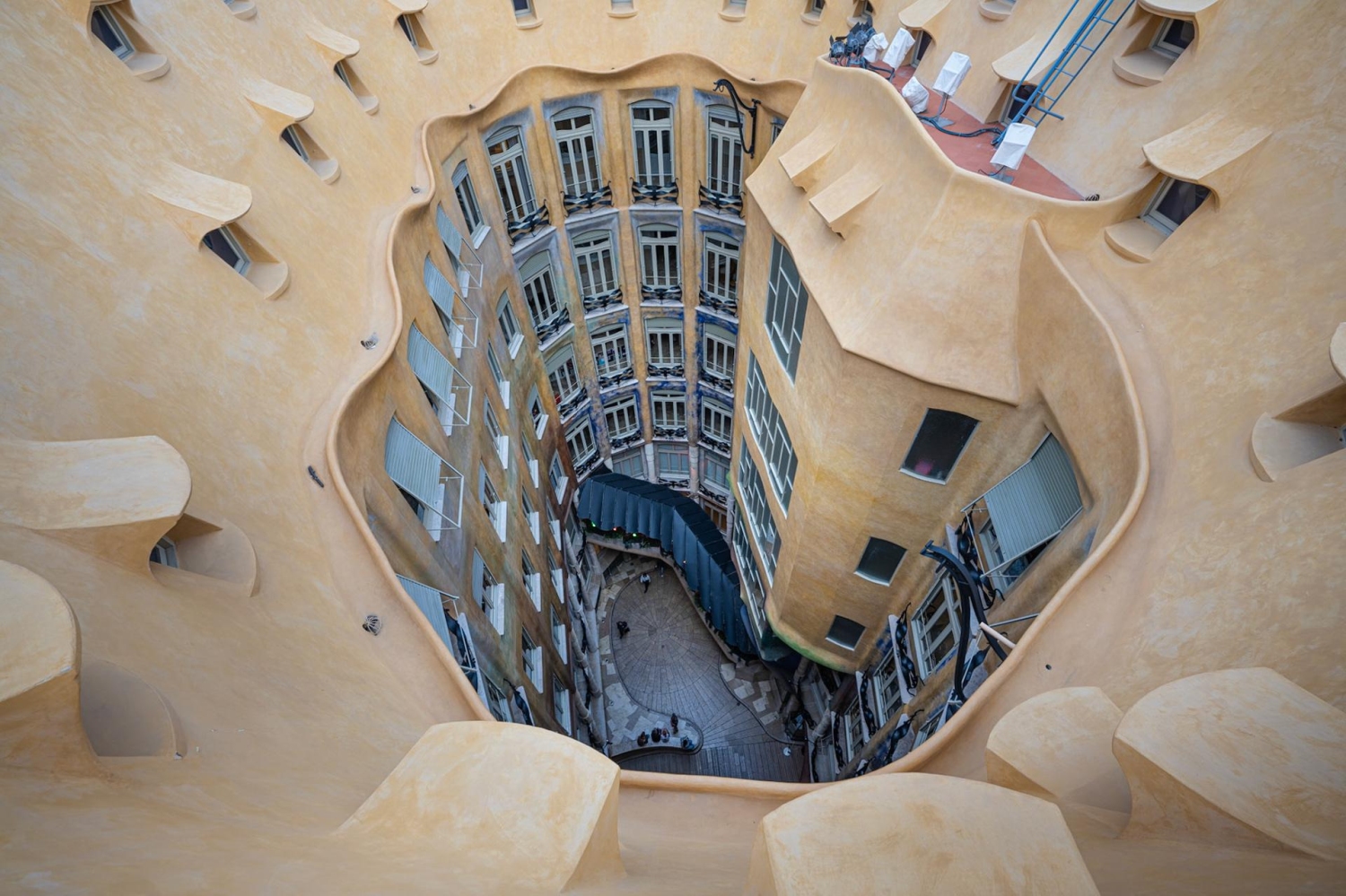 The central courtyard of Casa Mila, also known as La Pedrera, in Barcelona, Spain.
