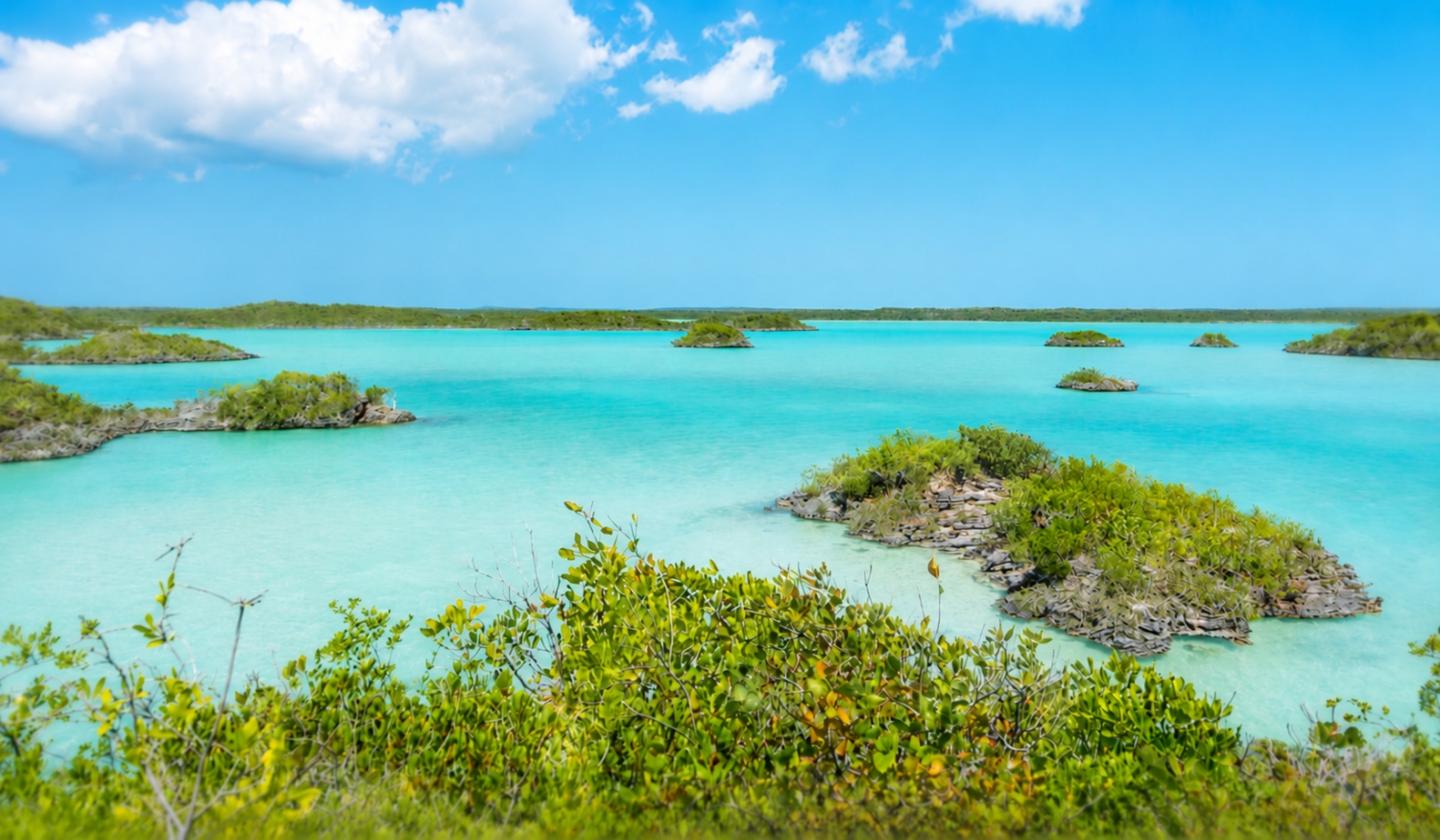 The turquoise waters and small limestone cays of Chalk Sound National Park in Providenciales, Turks and Caicos.