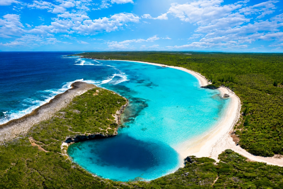 Located on Long Island near Clarence Town, Dean's Blue Hole is s sinkhole that sits just steps from a quiet white sand beach and creates a dramatic contrast against the shallow turquoise water surrounding it.
