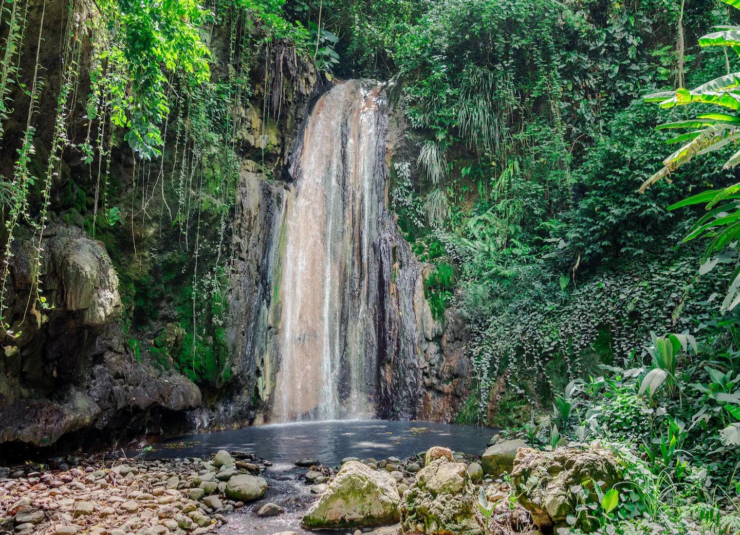Located within the Diamond Falls Botanical Gardens in St. Lucia, The Diamond Waterfall's distinct colors are caused by volcanic minerals in the water, which can change throughout the year.