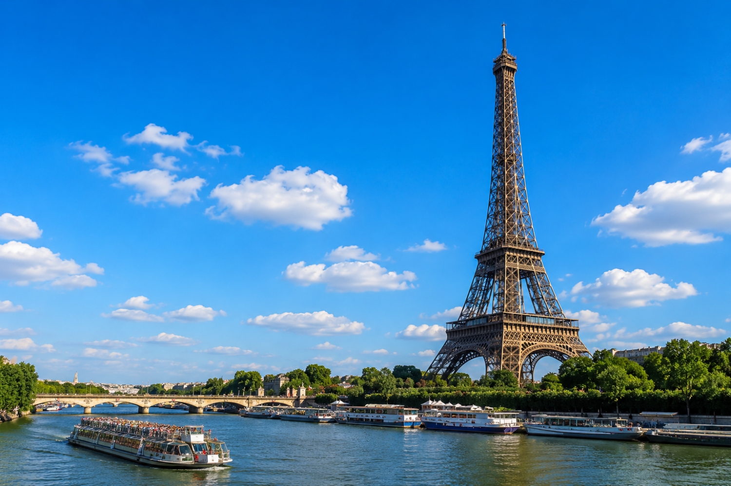 Visitors have many options to experience The Eiffel Tower, which stands beside the Seine River in Paris, including River Cruises, Observation Decks and The Champagne Bar.