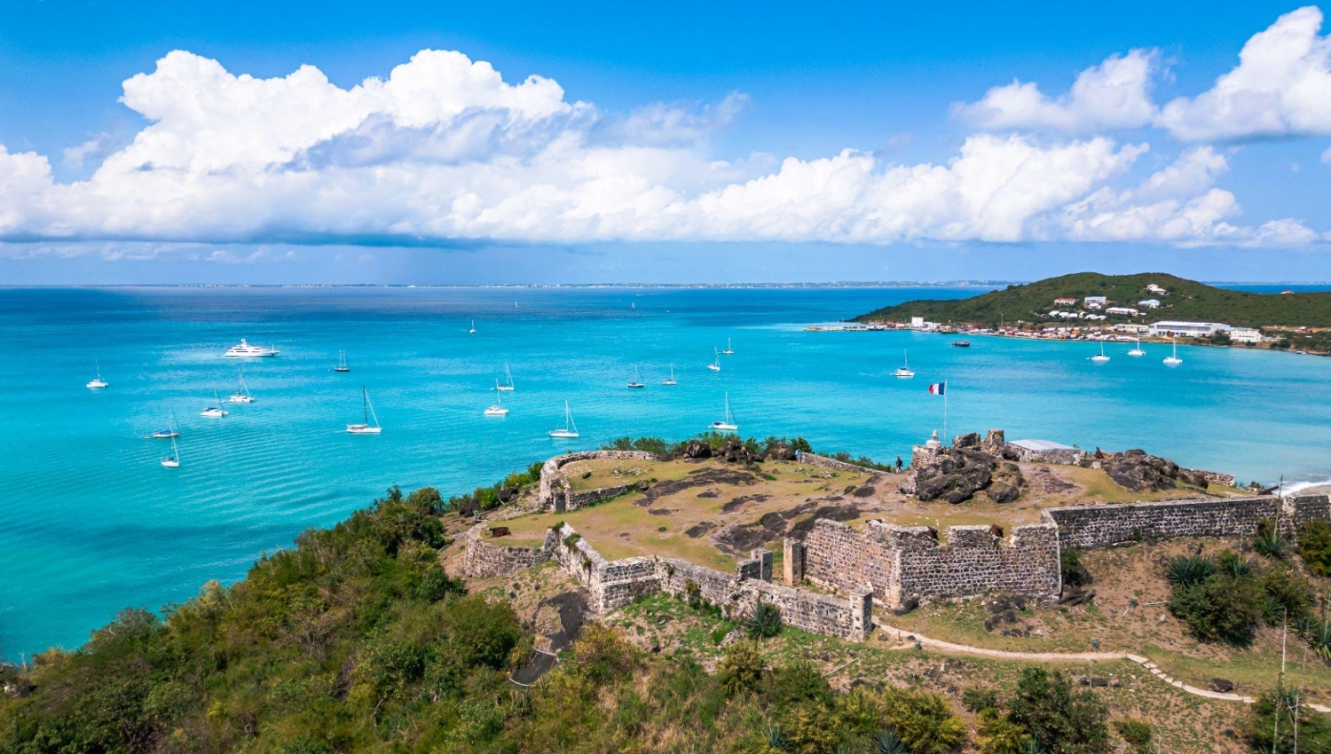 Fort Louis, an 18th-century French military fortress situated in Marigot, the capital of the French side of the Caribbean island of Saint Martin offers spectacular 360 degree views over Marigot Bay, the Simpson Bay lagoon, and as far out as the neighboring island of Anguilla on a clear day.