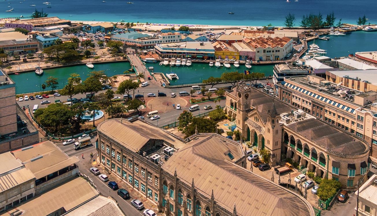 A panoramic image showing the historic waterfront of Bridgetown, Barbados.