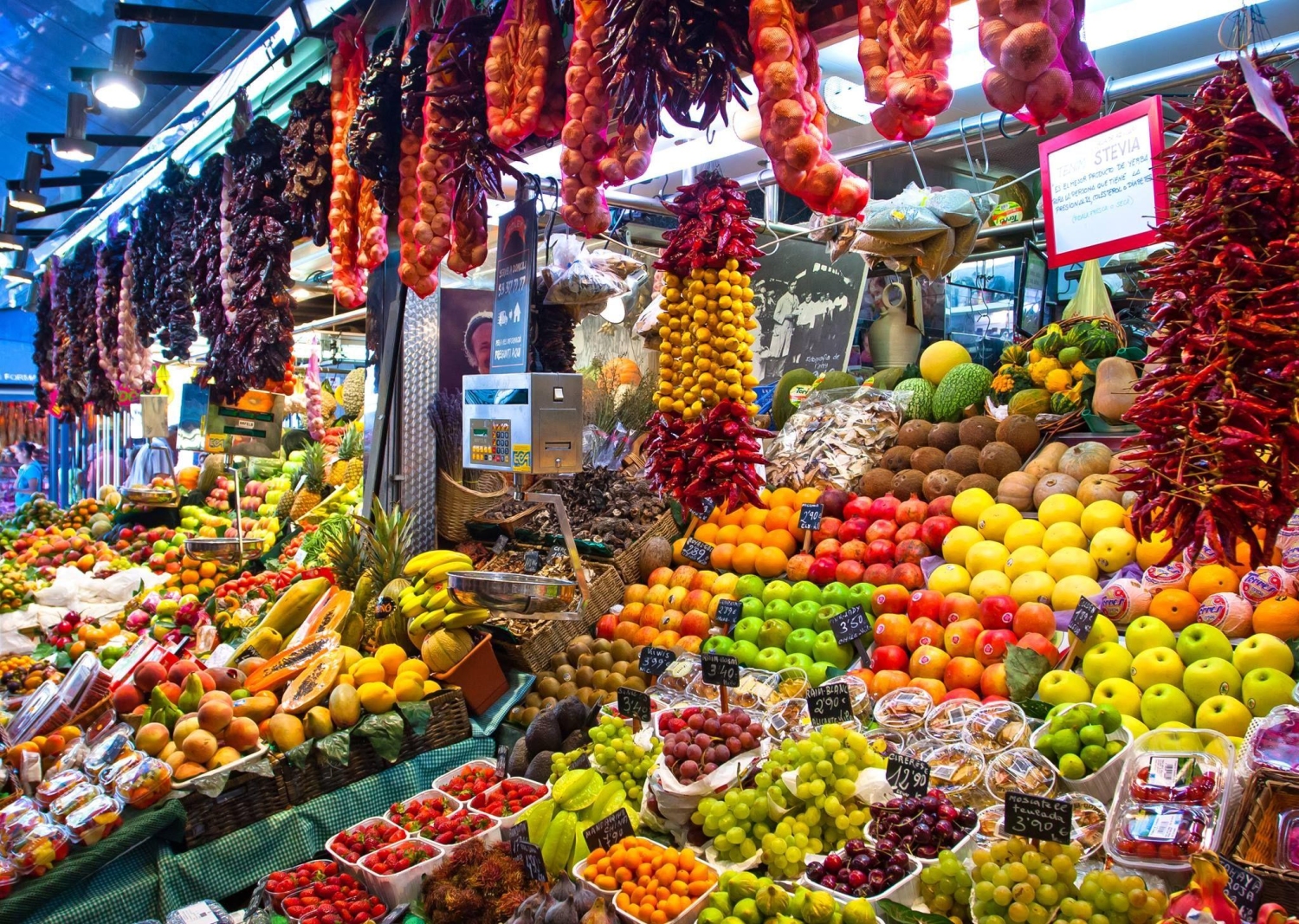 La Boqueria Market in Barcelona, Spain is renowned for its vast selection of fresh produce, seafood, spices, and cured meats.