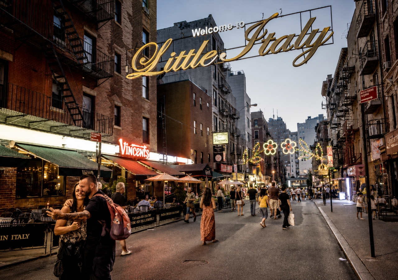 The iconic illuminated Welcome to Little Italy sign spanning Mulberry Street in Lower Manhattan, New York City.