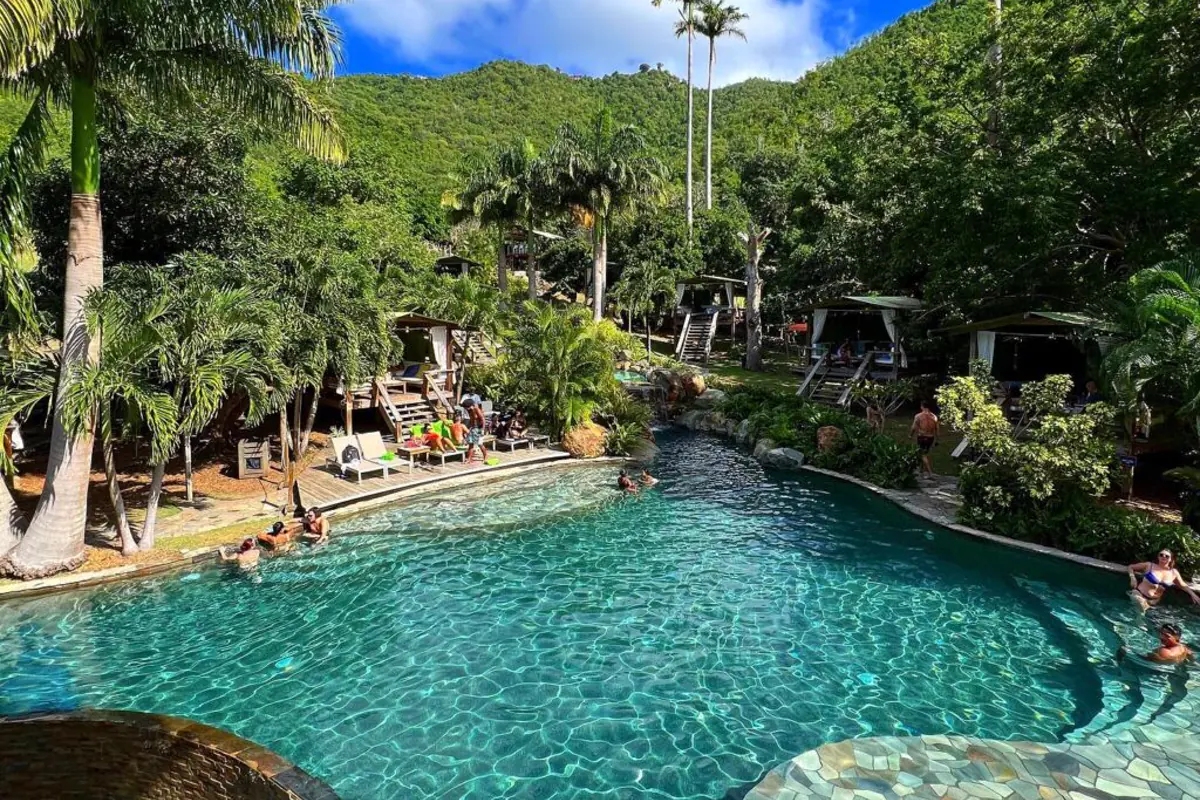 Loterie Farm, a private nature reserve and former plantation located in Saint Martin and offers visitors ziplining, hiking trails near Pic Paradis, a spring-fed amoeba shaped swimming pool and a jungle-themed restaurant.