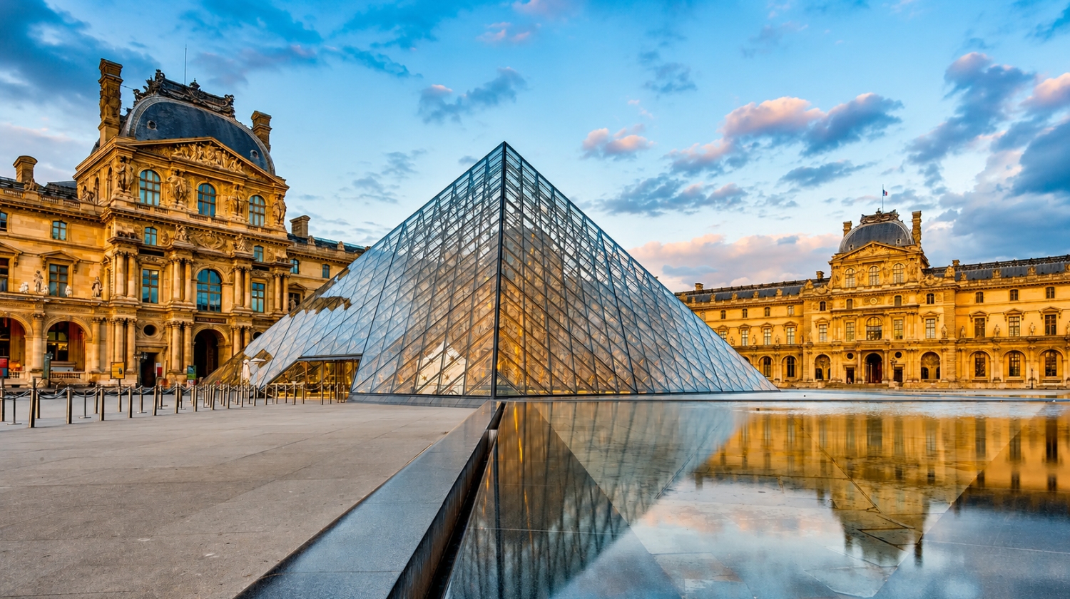 The Louvre Museum in Paris, featuring its iconic glass pyramid is the largest art museum in the world, and is home to famous artworks such as the Mona Lisa and the Venus de Milo.