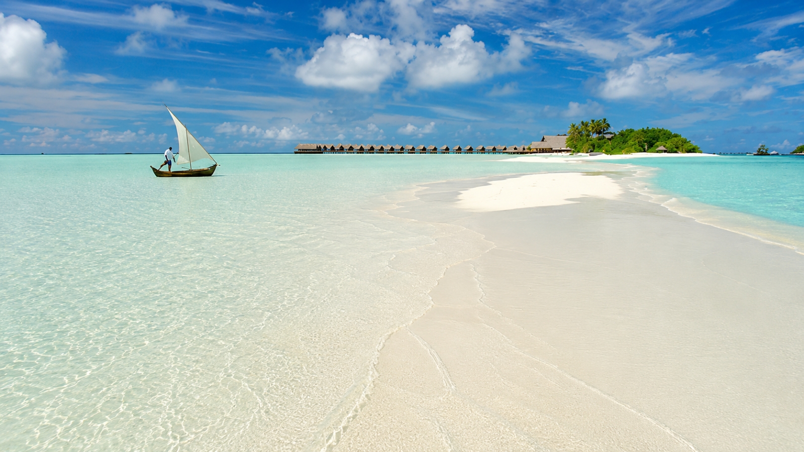 A travel photo showcasing the sandbar and lagoon at COMO Cocoa Island, a luxury private island resort situated in the South Male Atoll of the Maldives.