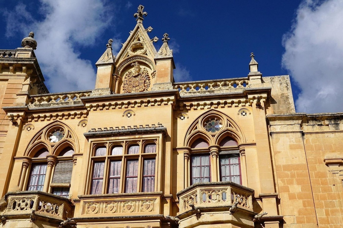 Bishop's Palace in St. Paul's Square, Mdina, Malta, also known as the Silent City, featuring intricate Baroque and medieval architectural elements.