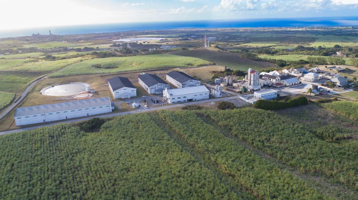 Aerial view of Mount Gay Rum Distillery in St. Lucy, Barbados, noted for being the world's oldest running rum distillery.