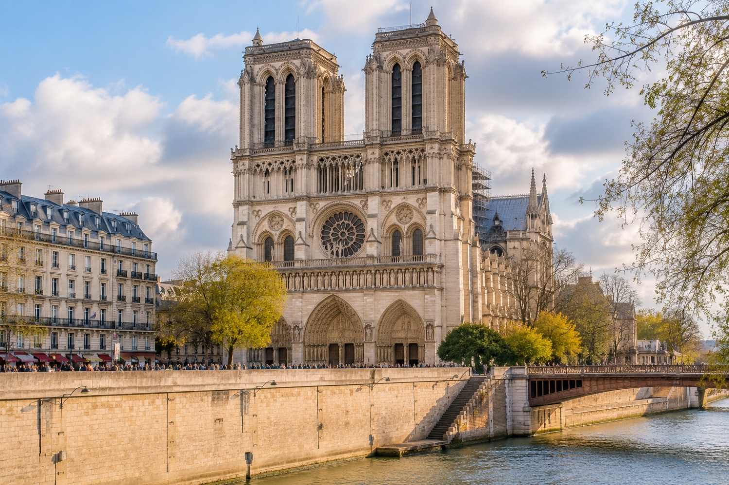 The Notre Dame de Paris Cathedral, located along the banks of the Seine River, a renowned example of French Gothic architecture.