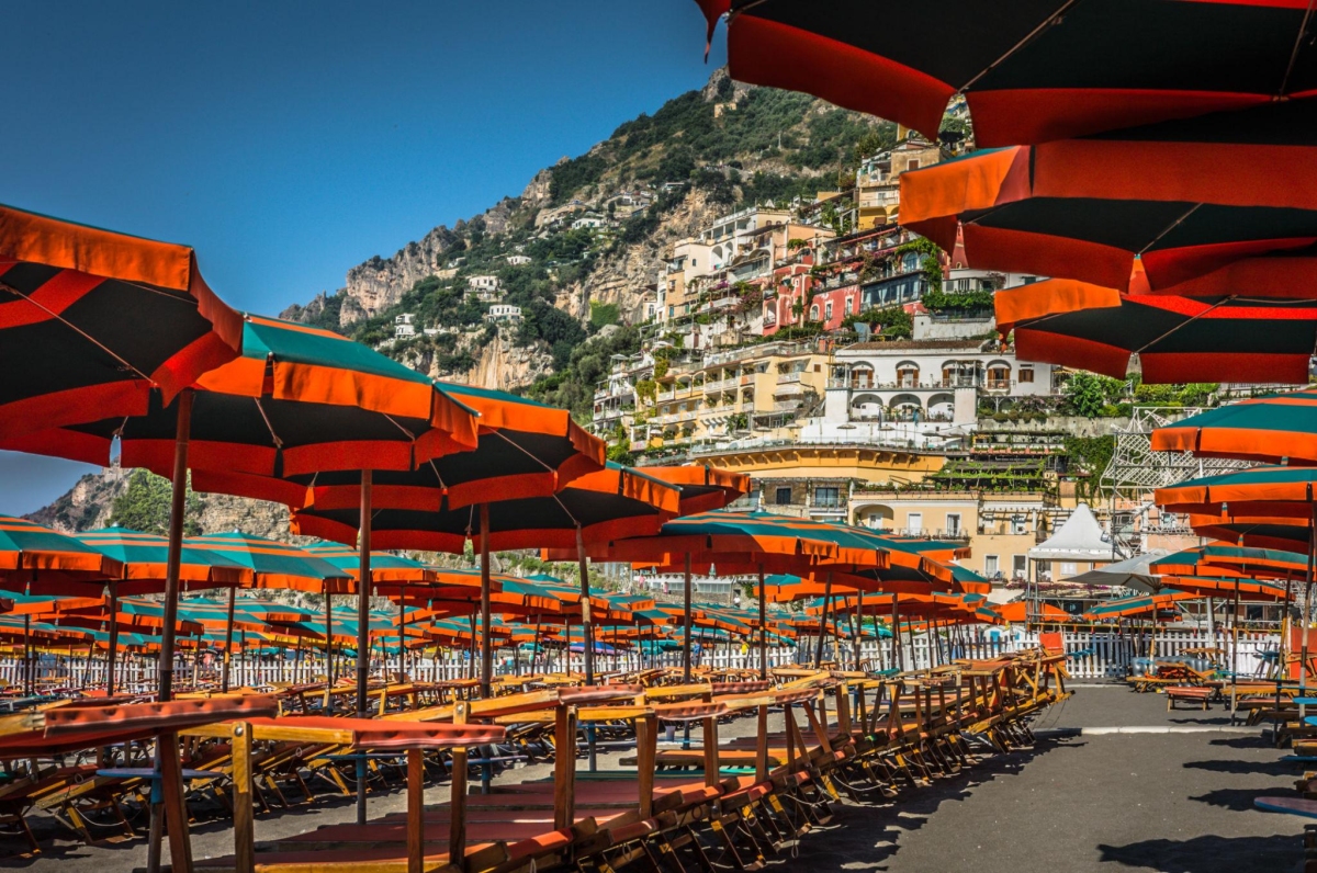 Spiaggia Grande beach in Positano, located on Italy's Amalfi Coast.