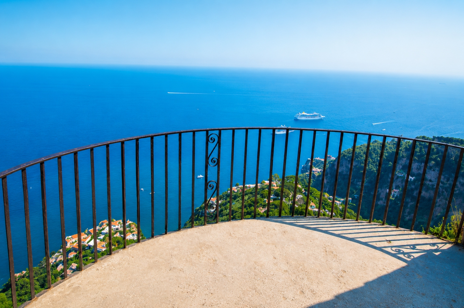 The Terrace of Infinity at Villa Cimbrone in Ravello on the Amalfi Coast of Italy, which is renowned for its panoramic views over the Mediterranean Sea.