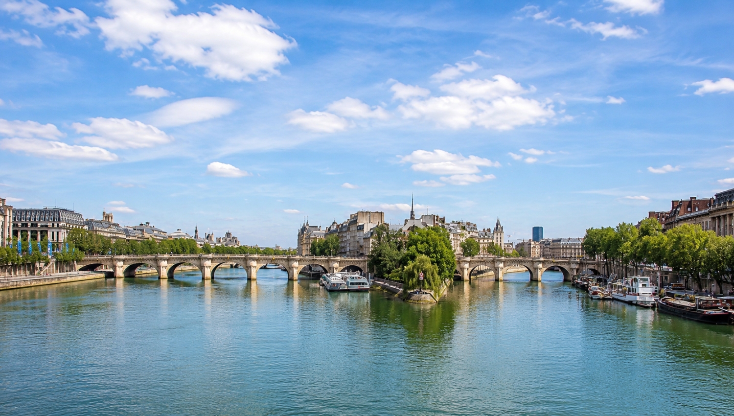 The Seine River in Paris featuring the historic stone arch bridge known as the Pont Neuf.