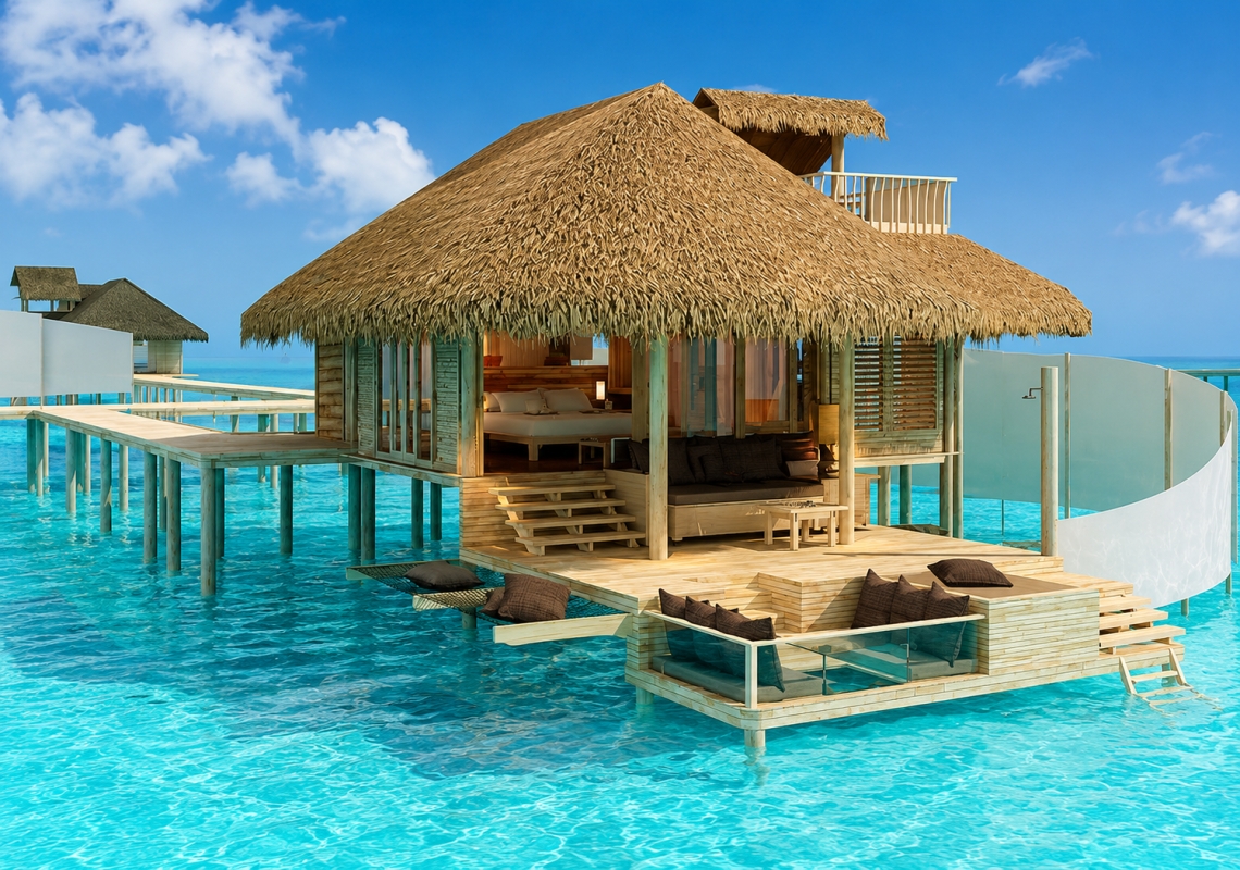 An overwater villa at the Six Senses Laamu in the Maldives includes a private deck with outdoor lounging areas and direct access to the ocean.