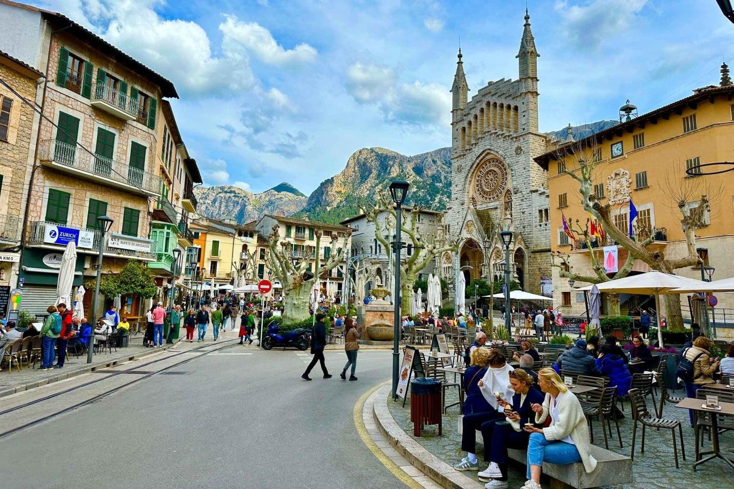 Visiting Placa Constitucio in Soller, located in the Serra de Tramuntana mountains of Mallorca, Spain.