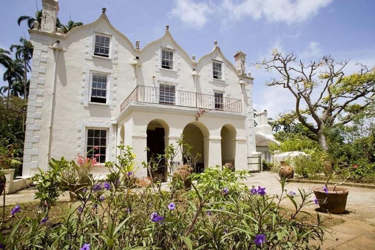 The St. Nicholas Abbey plantation house in Saint Peter, Barbados, featuring its distinctive curvilinear gables and 17th-century Jacobean architecture